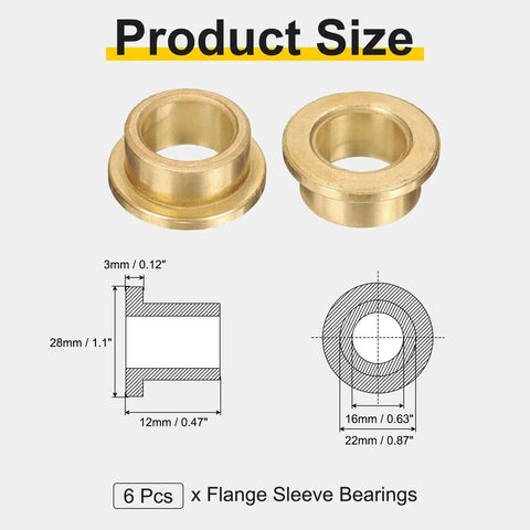 Flange Sleeve Bearings Set Of 6 Self Lubricating Sintered Bronze Bushings with 16mm Bore 22mm OD and measurements diagram