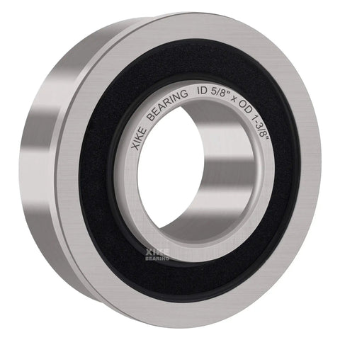 Close-up of a chrome steel flanged ball bearing, marked with dimensions, part of the 10 Pack Flanged Ball Bearings 5/8 x 1-3/8 x 1/2 Inch For Lawn Mowers, Wheelbarrows, Carts And Hand Trucks Hub Replacement Chrome Steel Sealed Bearings For Grease Retention Low Noise Precision JD AM118315 AM35443 Stens 215-038 215-061.