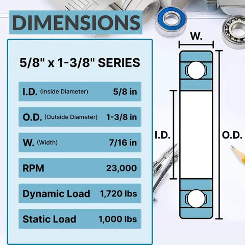 Diagram showing dimensions and specifications for 2 Pack Flanged Ball Bearing Five Eighths Inch By One And Three Eighths Inch Chrome Steel.