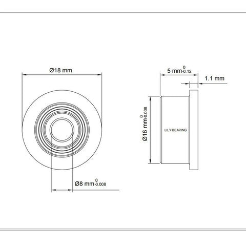 Technical drawing of Flanged Ball Bearing Set 10 Pack 8x16x5mm F688ZZ Heavy Duty Chrome Steel ABEC1 P0 Z2 Deep Groove with dimensions