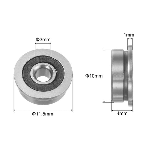 Flanged Ball Bearing F6232RS 3x10x4mm Double Sealed Chrome Steel ABEC1 Bearings with 11.5mm Flange Dia, front and side view.
