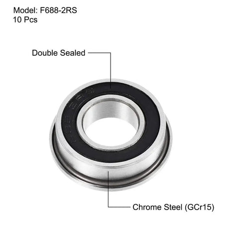 Flanged Ball Bearing 8x16x5mm F688-2RS Double Sealed Chrome Steel ABEC 3 10 Pack with 18mm flange, shown up close