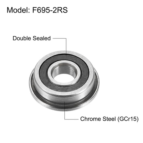 Flanged Ball Bearing F695-2RS 5x13x4mm Double Sealed Chrome Steel ABEC1 Precision Bearings