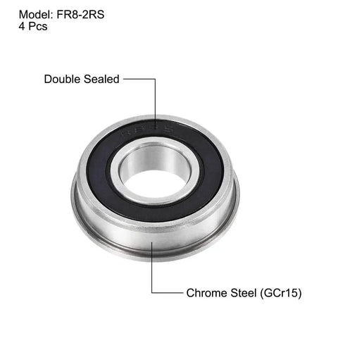 Flanged Ball Bearing FR8-2RS 1/2 x 1-1/8 x 5/16 In Double Sealed Chrome Steel ABEC-3 Bearing showing seals and material.