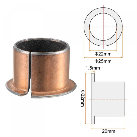 Flanged Sleeve Bearing Set with 22mm Bore and 25mm OD, 20mm Length, 32mm Flange Diameter, 1.5mm Flange, Bronze Coating on Display