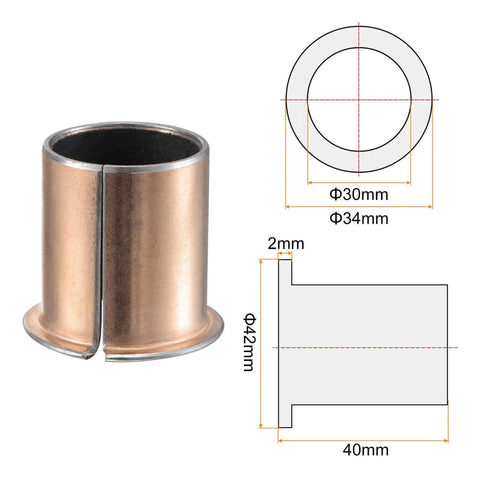 Flanged Sleeve Bearings 30mm Bore 34mm Outside Diameter 40mm Length 42mm Flange Diameter 2mm Flange Thickness Wrapped Oilless Bronze Sintered Coated