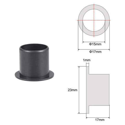 Flanged Sleeve Bearing Set, 15mm Bore, 17mm OD, 17mm Length, Flange Diameter 23mm, POM Self-Lubricating Oilless Bushings, Black, 2 Pieces