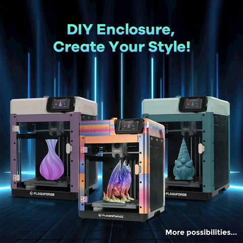 Three FlashForge Adventurer 5M 3D printers with custom enclosures featuring DIY styles, part of All Metal CoreXY Desktop 3D Printer series.