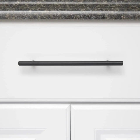 Euro Bar Cabinet Pull Handle Flat Black Finish Three Eighths Inch Diameter Eight Point Six Nine Inch Length Center To Center Six Point Three One Inch With Mounting Hardware Included Ten Pack installed on white cabinet