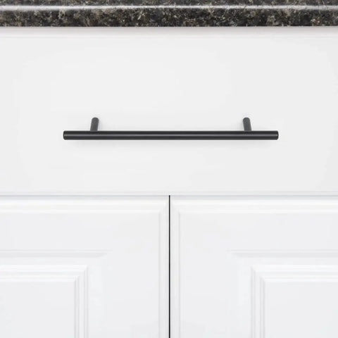 Euro Bar Cabinet Pull Handle Flat Black Finish Three Eighths Inch Diameter Eight Point Six Nine Inch Length Center To Center Six Point Three One Inch With Mounting Hardware Included Ten Pack shown on white cabinet