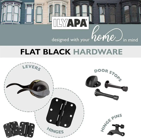18 Pack Matte Black Interior Door Hinges 3 1/2 By 3 1/2 Inches With 5/8 Radius Corners For Doors, Closets, And Bathrooms shown with other flat black hardware.