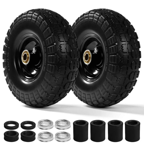 10 Inch 13 Inch and 16 Inch Flat Free PU Tire 2 Pack solid rubber replacement wheels with steel hub and bearing kit.