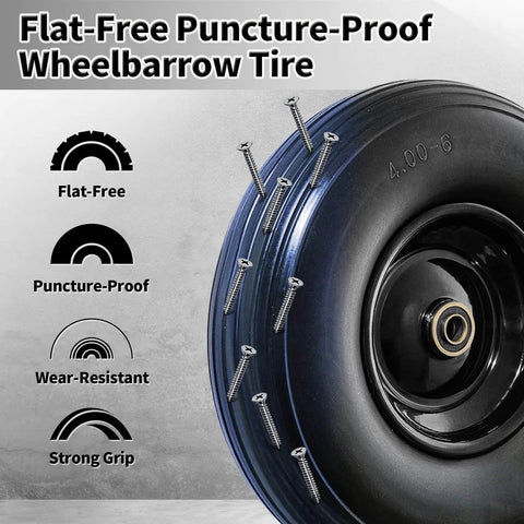 Wheelbarrow wheel 4.00-6 tire 13\" flat free wheelbarrow tires, solid wheel barrow wheels replacement shown with puncture-proof feature
