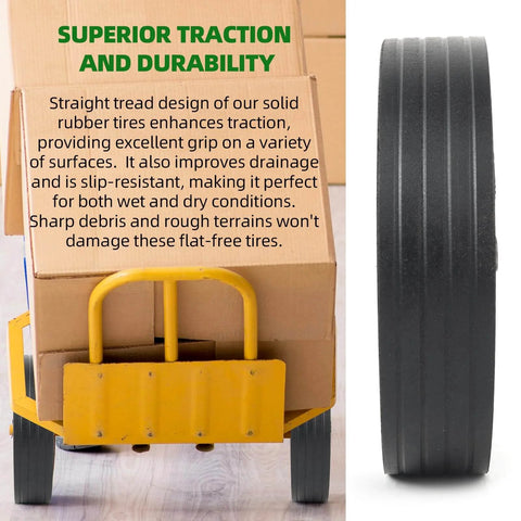 Side view of 10" solid rubber tire on yellow hand truck, showing tread pattern for traction and durability