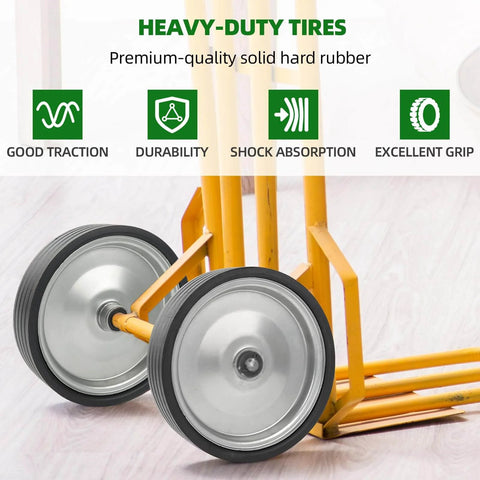 Heavy-duty tires on hand truck showcasing "✝️ (2-pack) 10\"x2.2\" flat free solid rubber replacement tires – 10 inch solid wheels for hand trucks, dollies."