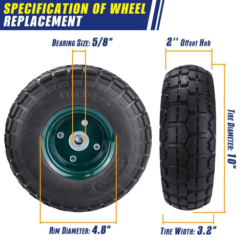 2 pcs 10" flat free tires solid pneumatic tires wheels, 4.10/3.50-4 air less tires with 5/8 center bearings, side view dimensions