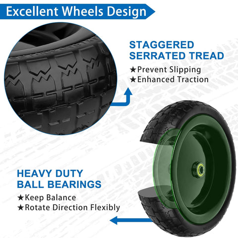 13 Inch Flat Free Solid Wheels Tires 4.00-6 Replacement showing staggered tread and heavy duty ball bearings design.