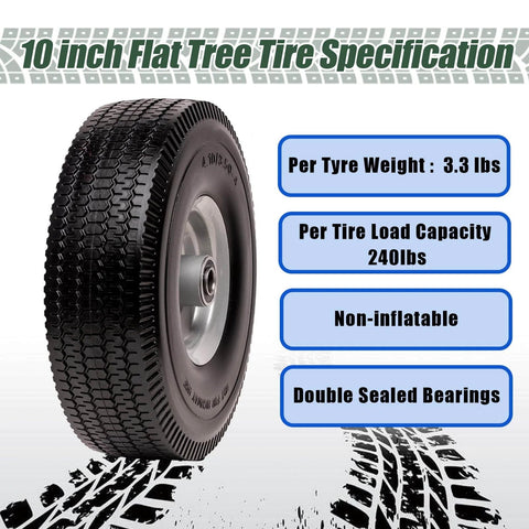 10 inch flat free tire with double sealed bearings, 3.3 lbs weight, 240 lbs capacity, solid PU, non-inflatable heavy duty build