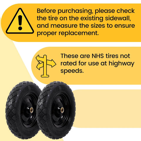 Warning notice for ✝️ 4.80/4.00-8" flat free tire and wheel 15" solid wheelbarrow tires not for highway speeds, image showing two black tires