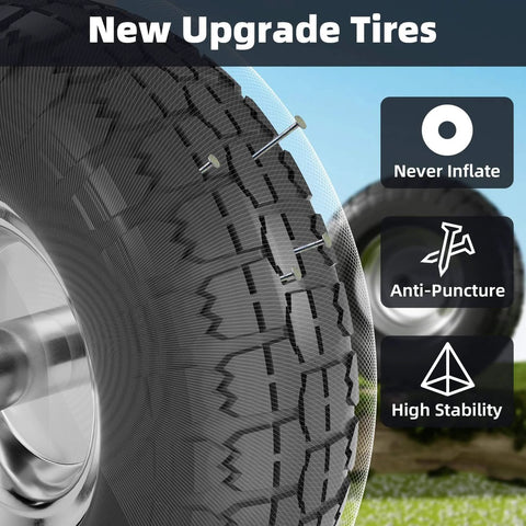 Close-up of 4.10/3.50-4 Flat Free Tire and Wheel Set of 4 showing tread and anti-puncture features on 10 inch solid rubber construction.