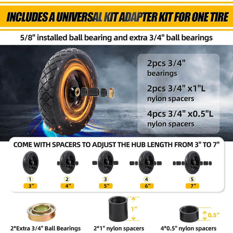 5/8" ball bearing and extra 3/4" bearings for 4.80/4.00-8 flat free tire and wheel 15 solid wheelbarrow tires with adapters