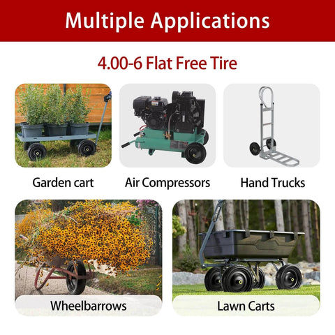 4.00-6 flat free tire applications for garden carts, wheelbarrows, hand trucks, air compressors, and lawn carts
