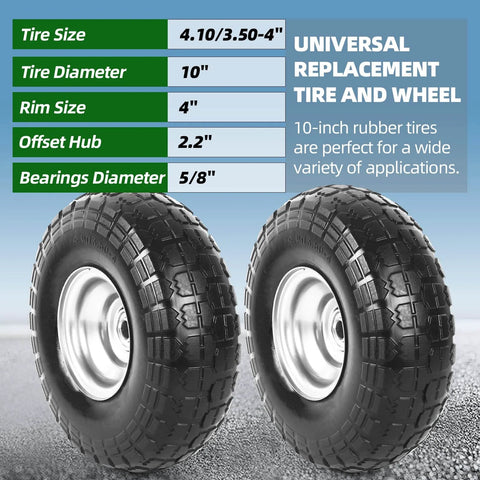 ✝️ (2 pack) 4.10/3.50-4 flat free tire and wheel, 10" solid rubber tires with 5/8" bearings and 2.2" offset hub for wheelbarrow