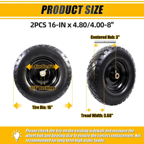 Product size display of ✝️ Flat Free Tire and Wheel 4.80/4.00-8 16 Inch Solid 2 Pack with 5/8 and 3/4 Bearings with dimensions labeled.
