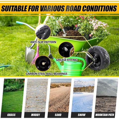 4.80/4.00-8 flat free tire and wheel on garden cart in grassy area, suitable for various road conditions with anti-slip pattern