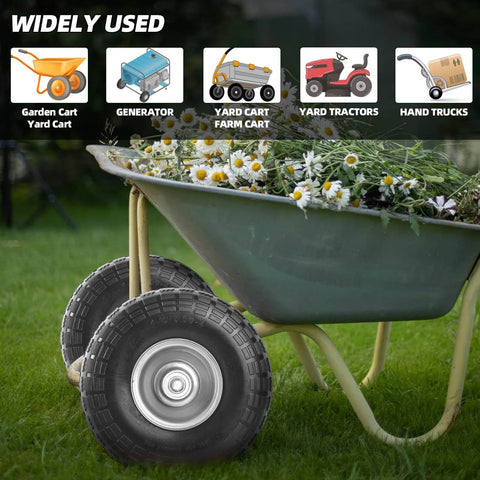 ✝️ (2 pack) 4.10/3.50-4 flat free tire and wheel on a wheelbarrow in a garden with flowers