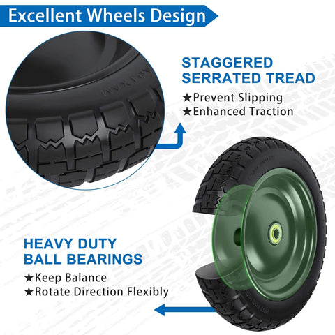 Close-up of 13 Inch Flat Free Wheels Tires 4.00-6 Solid Replacement Set, showing staggered tread and heavy-duty ball bearings.