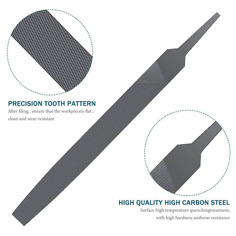 Flat 6 Inch Hand File With Double Cut Teeth and Single Cut Edge made from High Carbon Steel hardened for durability, no handle visible.