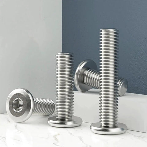 Four 1/4-20 X 1-1/2 Inch Flat Head Hex Socket Cap Screws Bolts 304 Stainless Steel 18-8 Bright Finish, standing on white surface.