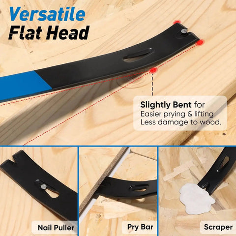 Versatile 4 Piece Pry Bar Set with flat bent head showing nail puller, pry bar, and scraper use on wood