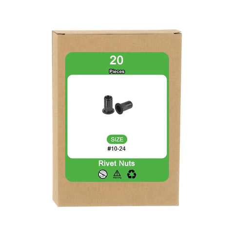 Box containing flat head rivet nuts with knurled body for secure threaded inserts in carbon steel, thread size #10-24, 20 pieces pack