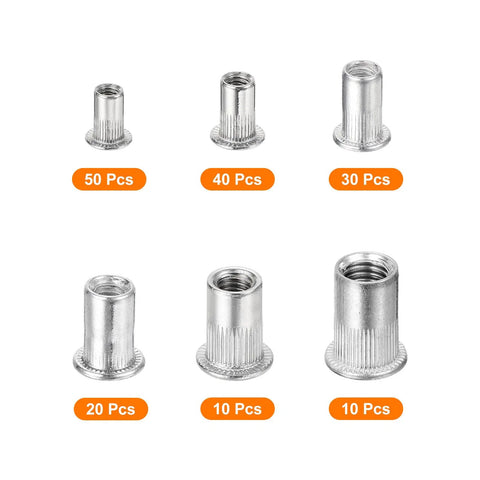 Rivet Nuts Flat Head Set With Knurled Body, 160 Pcs, M3 M4 M5 M6 M8 M10 Aluminum Alloy Insert Nuts variety