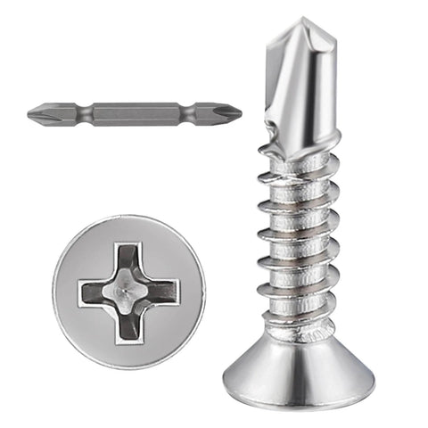 400pcs #8 x 3/4 Inch Flat Head Self Tapping Sheet Metal Screws Stainless Steel High Strength Quick Self Drilling Screws with Deep Threads for Secure Wood Plastic and Light Metal Fastening, close-up view