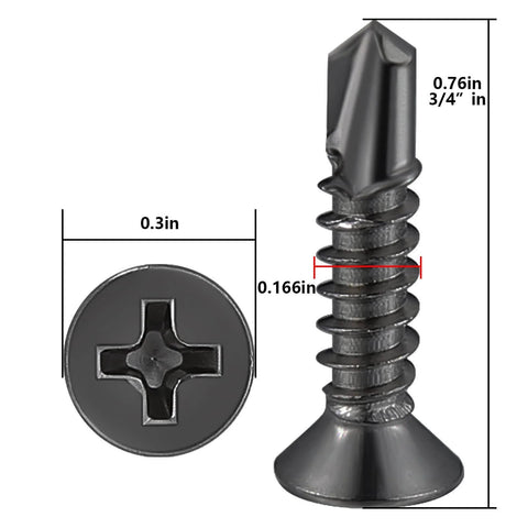 Close-up of a 400pcs #8 x 3/4 Inch Flat Head Self Tapping Sheet Metal Screw, Black Stainless Steel, showing dimensions and deep threads.