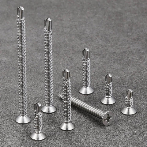 250pcs #8 x 1-1/4 Inch Flat Head Self Tapping Sheet Metal Screws Stainless Steel High Strength Quick Self Drilling Screws displayed