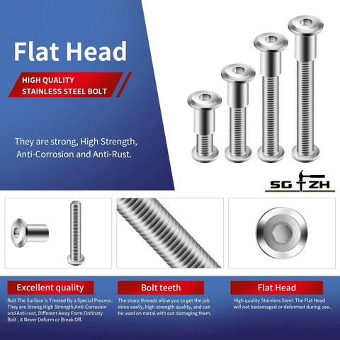 Flat Head High Quality Stainless Steel Bolt product info with images showing various sizes and features of bolts.
