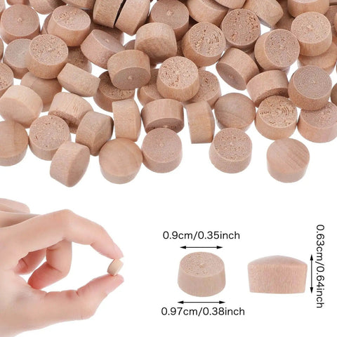 Flat Head Wood Plugs Set, 100 Pcs Three Eighths Inch Screw Hole Plugs shown with hand holding one plug and measurements.