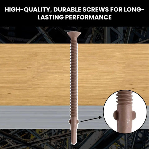 Self Drilling Wood To Metal Screws With Flat Torx Head Reamer For Attaching Wood To Metal, Quarter Inch By Twenty Threads, Four And Three Quarter Inch Length, Wings Tek Screws For A Tight Grip, Pack Of Ten U Turn Fasteners shown against wood and metal