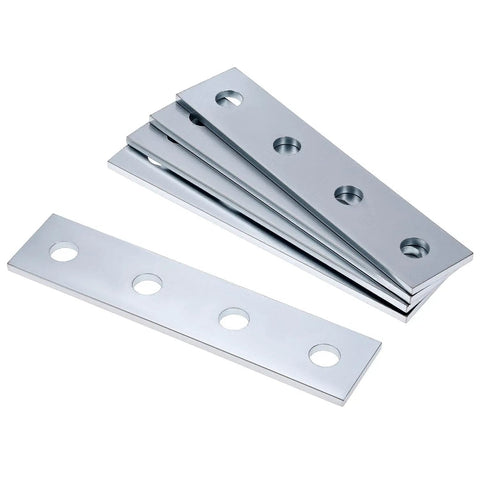 Stack of nine piece flat plate connector bracket set for one half inch bolts in one five eighth inch strut channel four hole design thick 5mm steel