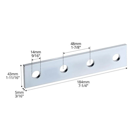 Nine Piece Flat Plate Connector Bracket Set For One Half Inch Bolts In One Five Eighth Inch Strut Channel Four Hole Design Thick 5mm Steel For Secure Fixing And Precise Alignment In Structural Framing And Repair with measurements