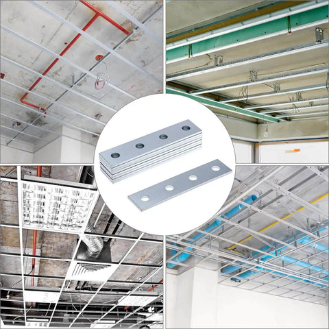 Nine Piece Flat Plate Connector Bracket Set For One Half Inch Bolts In One Five Eighth Inch Strut Channel Four Hole Design Thick 5mm Steel For Secure Fixing And Precise Alignment In Structural Framing And Repair shown in installation views