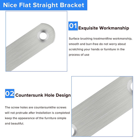 Close-up view of 16 Pack Flat Plate Straight Brackets 40MM Stainless Steel Flat Metal Braces, featuring countersunk holes and brushed finish