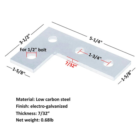 Six piece flat plate fittings in carbon steel with an electro-galvanized finish; L bracket with 9/16 inch holes and spacing diagram
