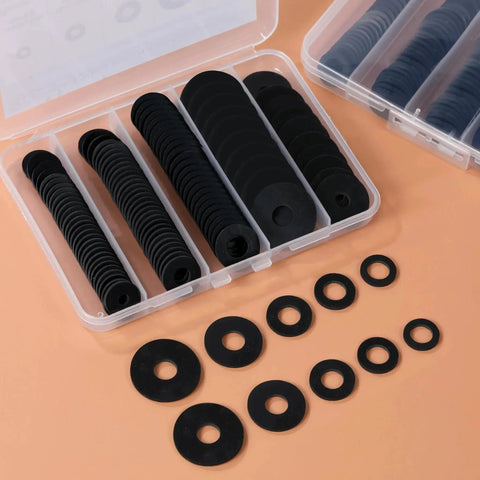 120Pcs Flat Rubber Washers Set in 5 Sizes 16 18 20 25 30mm Black Sealing Washers in storage box, assorted sizes displayed on table