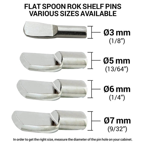 Twenty Five Pack One Eighth Inch Spoon Shaped Cabinet Shelf Pins Heavy Duty Metal With Nickel Finish, size options shown in image.