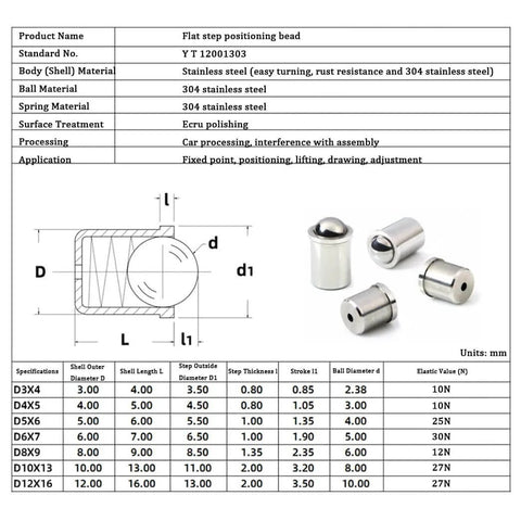 Diagram and specifications of 2x3mm Ball Plunger Set with 304 Stainless Steel Spring Loaded Ball Detent Plungers and 5N Elasticity.